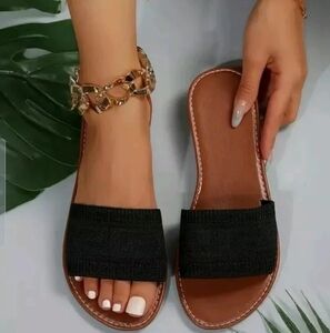 New Women's Sz 11 Flat Open Toe Sandals Black Fabric Comfort Slides Flip Flop